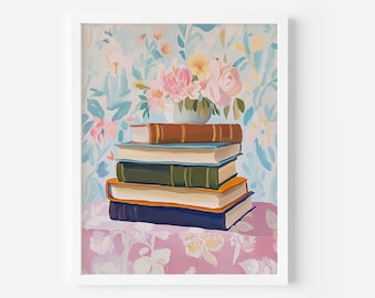 Bücherstapel Druck: Pastell Wohnung Kunst (Digitaler Download)