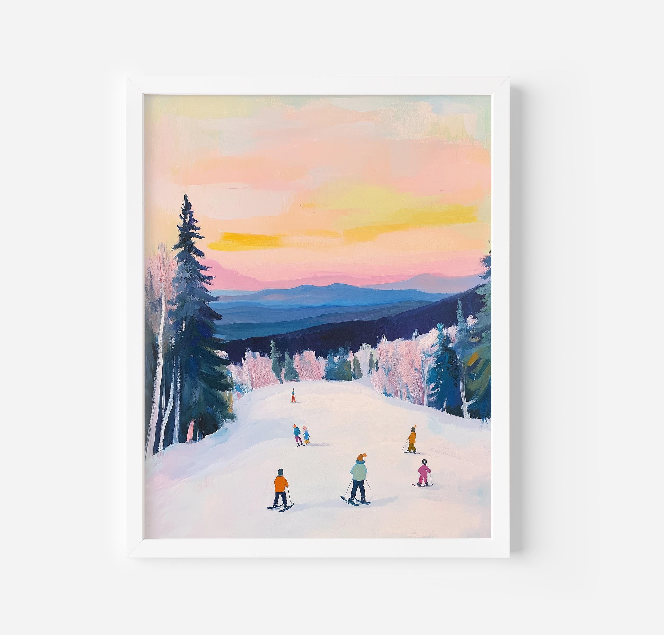 Snowy Mountain Skiers Art Print: Winter Sunset (digital Download