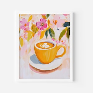 Cafe Latte Kunstdruck, Blumenkaffee-Wand-Kunst-Plakat, trendige Küchenwandkunst, Kaffee-Bar-Dekor, italienischer Cappuccino-Digitaldruck, Kaffeeliebhaber