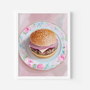 Burger Art Print, Retro Burger Poster, Trendy Kitchen Decor, Foodie Art Print, Pink Kitchen decor, Fast Food Poster, Digital Art download
