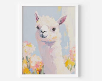 Llama Wandkunst: Boho Alpaka Malerei, Pastellfarben (Digitaldruck), Boho Tier Poster