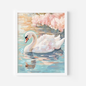 White Swan Art Print, Swan Acrylic Painting, Light Pastel Pink Artwork, Swan Prints, Girl Nursery Decor, Digital dowload, Trendy Swan Poster