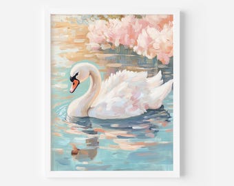 Swan Acrylic Painting: Light Pastel Pink Nursery Decor (Digital Download), Pink floral lake poster