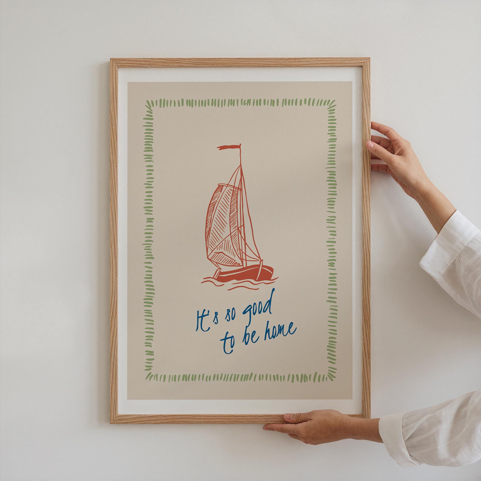Sailboat Print, Digital Download, Trendy Coastal Decor, Nautical illustration, Living Room Art, Vintage Sailboat Print, Lake House Decor