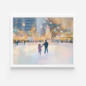 Ice Skating Art Print, Pink Christmas Print, Trendy Winter Wall Art, Printable Christmas Art, Winter Holiday Decor, Digital Art Download