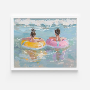 May include: Two people float on bright yellow and pink inflatable rings in the ocean. The water is blue and there are white waves in the background.