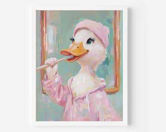 May include: A white duck wearing a pink bathrobe and a pink shower cap brushes its teeth with a toothbrush. The duck is looking at its reflection in a mirror.