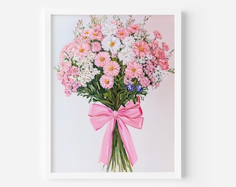 Pink Flower Bouquet Art Print: Girly Preppy Room Decor (Digital Download), Valentines Poster
