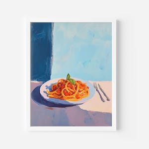 Impresión artística de pasta italiana, arte de pared de espaguetis con salsa roja, decoración de cocina de naturaleza muerta, póster de comida italiana, imprimible culinario vibrante