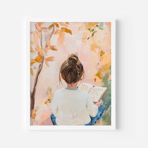 Girl Reading in Nature Painting, Cozy Reading Spot, Soft Colours Book Lover Wall Art Print, Reading Nook Library, Brunette Girl Room Print