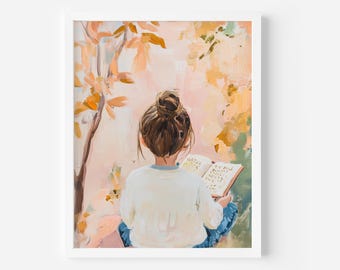 May include: A painting of a person sitting in a field of flowers, reading a book. The person has brown hair and is wearing a white shirt. The background is a soft pink and yellow.