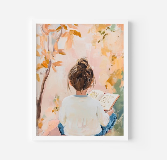 Girl Reading in Nature Art Print: Cozy Library Wall Decor (Digital Download A3/16x20")