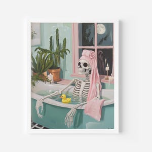Skeleton in Bathtub Print, Skeleton Wall Art, Digital download, Funny Bathroom Decor, Moonlit Skeleton Art, Girly Skeleton art, trendy print