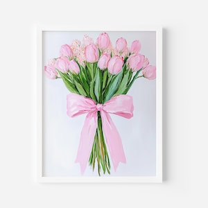 Impressão artística de buquê de flores de tulipa, estampa de laço moderno e charmoso, pintura a óleo de tulipas, impressão estética elegante, pôster de quarto feminino rosa, arte boho