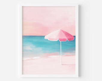 Pink Beach Umbrella Print: Retro Coastal Art (Digital Download)