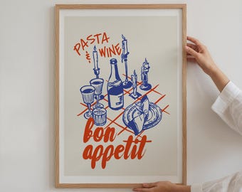 Pasta- en wijnprint: retro keukendecor (digitale download)