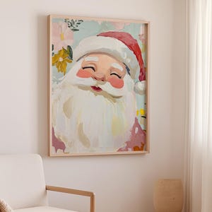 May include: A painting of Santa Claus with a white beard and red hat. He is smiling and has a pink background with flowers.