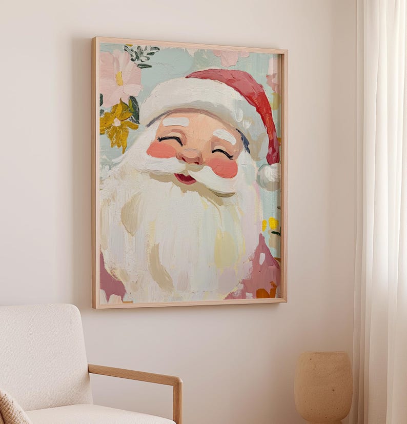 May include: A painting of Santa Claus with a white beard and red hat. He is smiling and has a pink background with flowers.