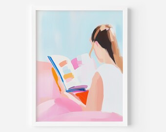 Lámina artística de mujer leyendo: regalo colorido para amantes de los libros (descarga digital), decoración para niña leyendo