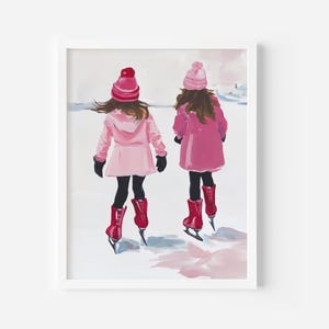 Pink Ice Skater Girls Art Print, Brunette Sisters Winter printable, Preppy Pink Ice Skater Painting, Pink Christmas Wall Art,Girly Christmas