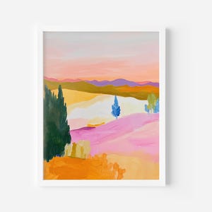 May include: A painting depicting a landscape with rolling hills, a blue sky, and a few trees. The hills are painted in shades of pink, yellow, and green. The sky is a light blue with a hint of pink. The trees are a dark green.