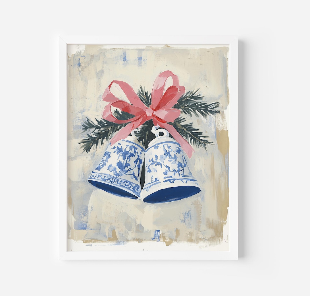 Chinoiserie Christmas Bells Art: Vintage Delft Blue Holiday Print