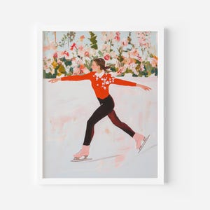 Girl Ice Skater Art Print, Winter Wall Art, Floral Pastel Oil Painting, Retro Girly Aesthetic Prints, College Dorm Decor, Ice Skating Print