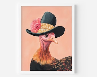 Thanksgiving Turkey Art Print, Pink Farmhouse Animal Printable Wall Art, Trendy Bird Print,Turkey thanksgiving Hat Poster,Thanksgiving Decor