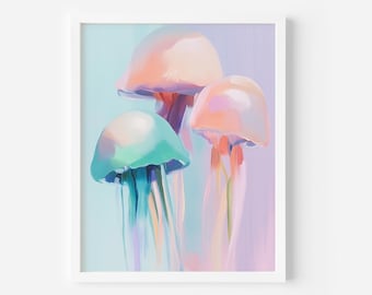 以下が含まれることがあります： パステルピンク、ブルー、グリーンの色合いで描かれた3匹のクラゲの絵。クラゲは長く、流れ落ちる触手で描かれている。