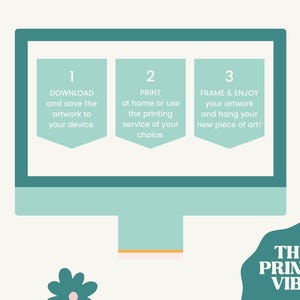 May include: A teal blue computer screen with three steps for downloading, printing, and framing artwork. The text on the screen reads "1. Download and save the artwork to your device. 2. Print at home or use the printing service of your choice. 3. Frame & Enjoy your artwork and hang your new piece of art!" The text "THE PRINTS VIBE" is below the computer screen.