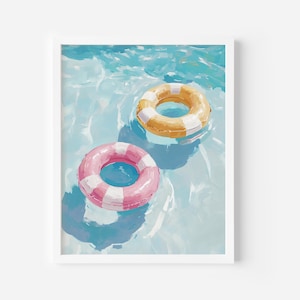 Striped Inner Tube Painting Summer Wall Print, Pool Float Art, Beach House Decor, Pastel Coastal Digital Download, Happy Summer Printable