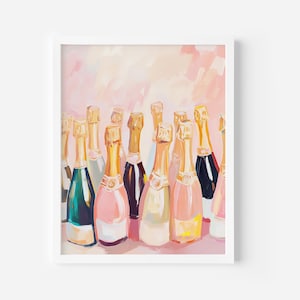 Kunstprint champagne- en roséflessen, elegante wijnmuurkunst, decor feest, roze en gouden drankje poster, bar of keuken afdrukbaar