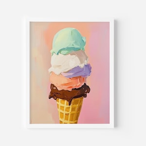 Eis Waffel Art Print, Bunte Dessert Wandkunst, Süßes Leckerli Dekor, Sommer Vibes Poster, Spaß Küche druckbar, Verspielte mädchenhafte Wandkunst