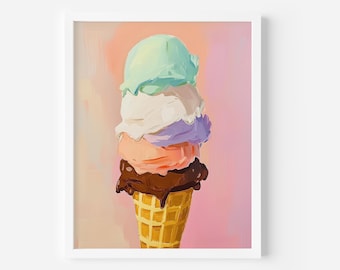 Ice Cream Cone Art Print, Colorful Dessert Wall Art, Sweet Treat Decor, Summer Vibes Poster, Fun Kitchen Printable, Playful girly wall art