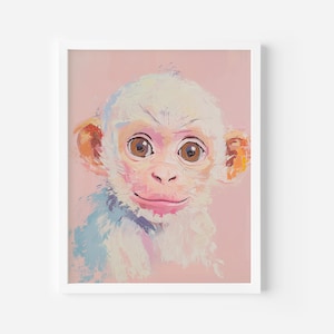 May include: A painting of a white monkey with large brown eyes, a pink nose, and a pink mouth. The monkey is looking directly at the viewer. The background is a light pink colour.