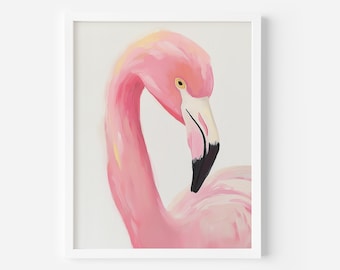 May include: A close-up of a pink flamingo with a black beak and a yellow eye. The flamingo is painted in a realistic style.