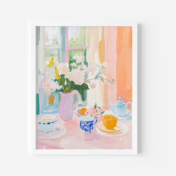 Lámina artística de bodegón con desayuno floral: Decoración acogedora para la cocina (descarga digital)