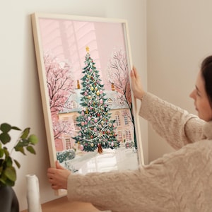 ピンクのクリスマスツリーの壁アート、かわいいクリスマスイブのアートプリント、クリスマスの装飾、居心地の良い冬の装飾、クリスマスのホームデコレーション、デジタルアートのダウンロード