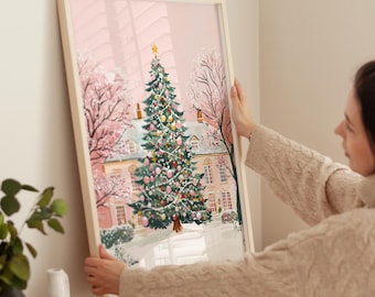 Pink Christmas Tree Art Print: Cozy Winter Home Decor (Digital Download)