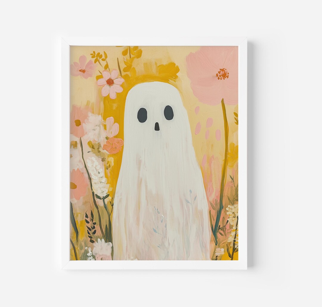 Pastel Ghost Art Print, Floral Fall Ghost Wall Art, Autumn Home Decor