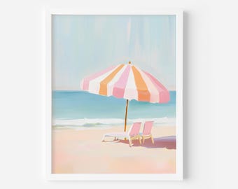 May include: A pink and orange striped beach umbrella with two pink lounge chairs on a sandy beach with blue ocean waves in the background.