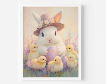 Antique Easter Bunny & Chickens Print: Spring Nursery Decor (Digital Download)