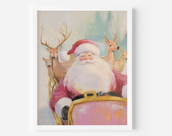 Christmas Wall Art, Christmas Decor, Santa with Reindeer decor, Santa Claus Print, Vintage Poster, Vintage Santa, Holiday Decor, Home Decor