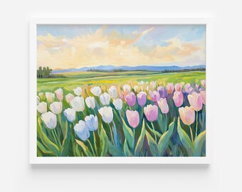 パステル画によるチューリップ畑の絵画：春の風景画（デジタル