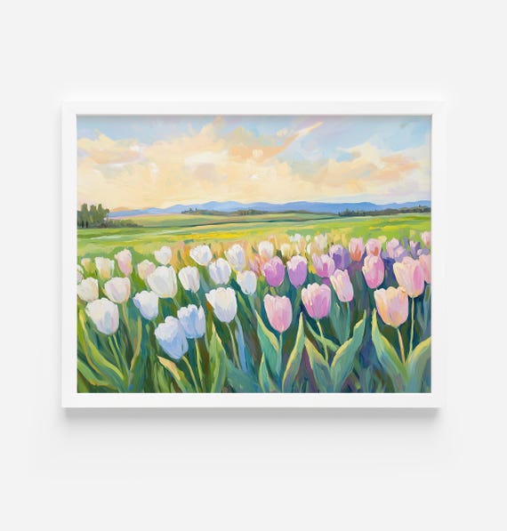 チューリップ畑の絵画：春の花畑の風景（デジタルダウンロード