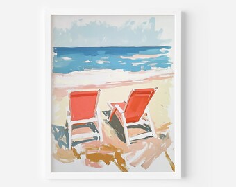 Pink Beach Chairs Print: Retro Coastal Wall Art (Digital Download)