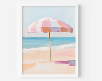 Pink Beach Umbrella Painting: Pastel Summer Wall Art (Digital Download)