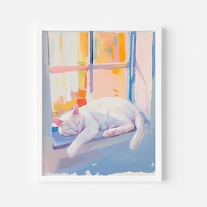 Sleeping Cat Art Print, White Cat Print, Soft Spring home Decor, Cute Cat Nursery Artwork, Aesthetic Cat Wall Art, Sleeping kitten Painting