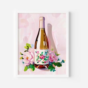 ピンクの花の絵が描かれたワインボトル、パステルカラーのバーカートアートプリント、ガーリーでトレンディなワインデコレーション、デジタルダウンロード、パステル画、美的アート