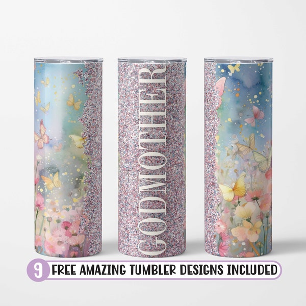 20oz Skinny Tumbler Godmother, Sublimation Design Digital Download PNG Instant DIGITAL ONLY, Butterfly Seamless tumbler wrap, Godmother png